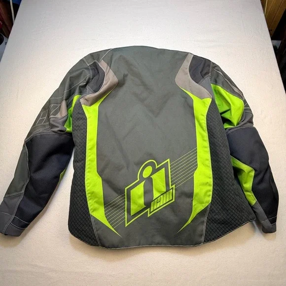 Icon Riding Jacket Mens LG Gray Overlord Textile D3O Armor Neon Green Moto Sport